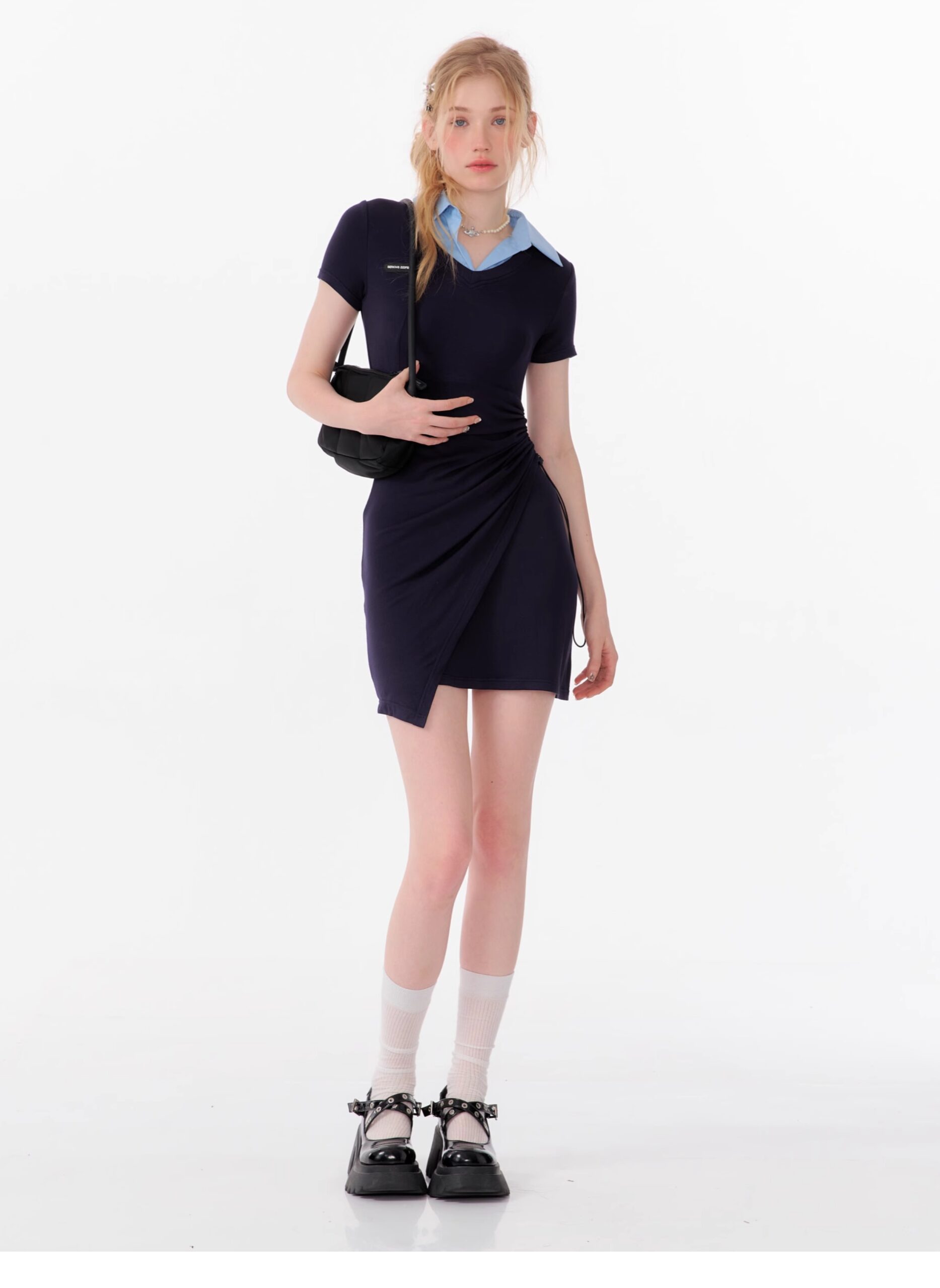 American Style False Two-Piece Dress - Polo Collar Short Sleeve Dress with Drawstring Waist & Smocking Details - Image 20