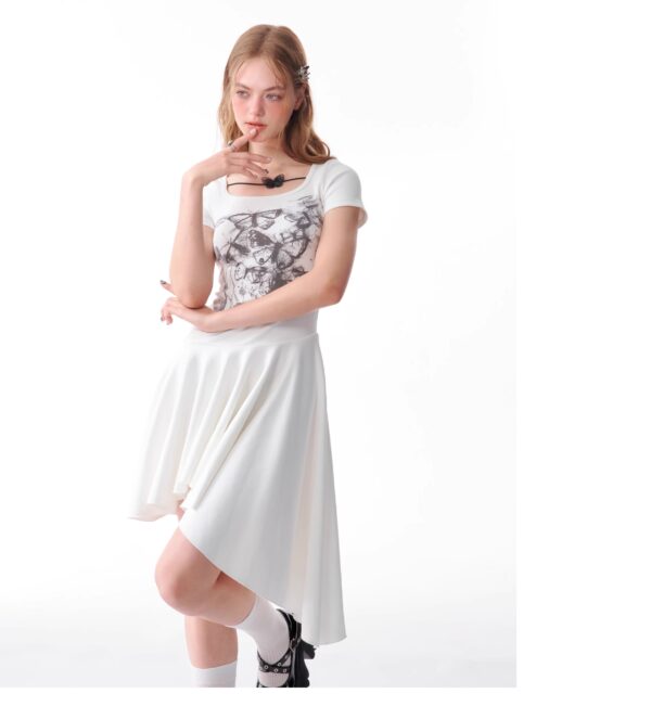 American Style Butterfly Print Dress - Defined Waist Short Sleeve Dress with Asymmetric Pleated Hem - Image 11