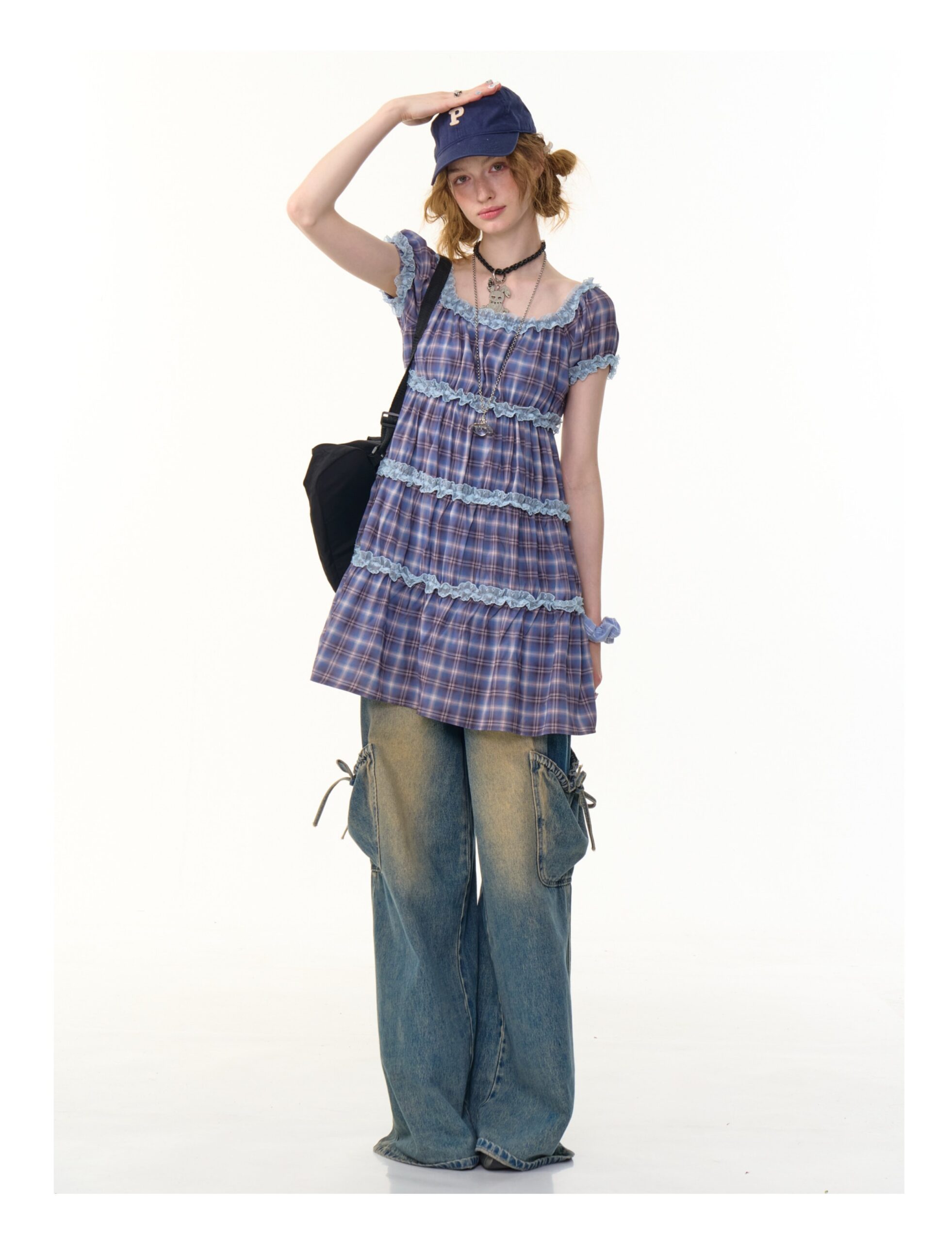 American Vintage Lavender Grid Dress - Square Neck Tiered Cake Dress with Puff Sleeves - Image 8