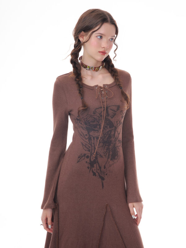 Winter Rose Print Knit Dress - Heavyweight Wool Blend Long Sleeve Bodycon Midi Dress - Image 8