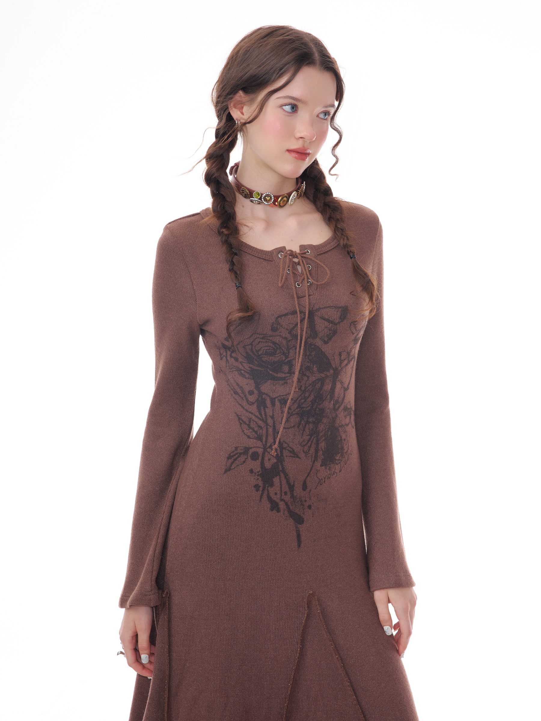 Winter Rose Print Knit Dress - Heavyweight Wool Blend Long Sleeve Bodycon Midi Dress - Image 8