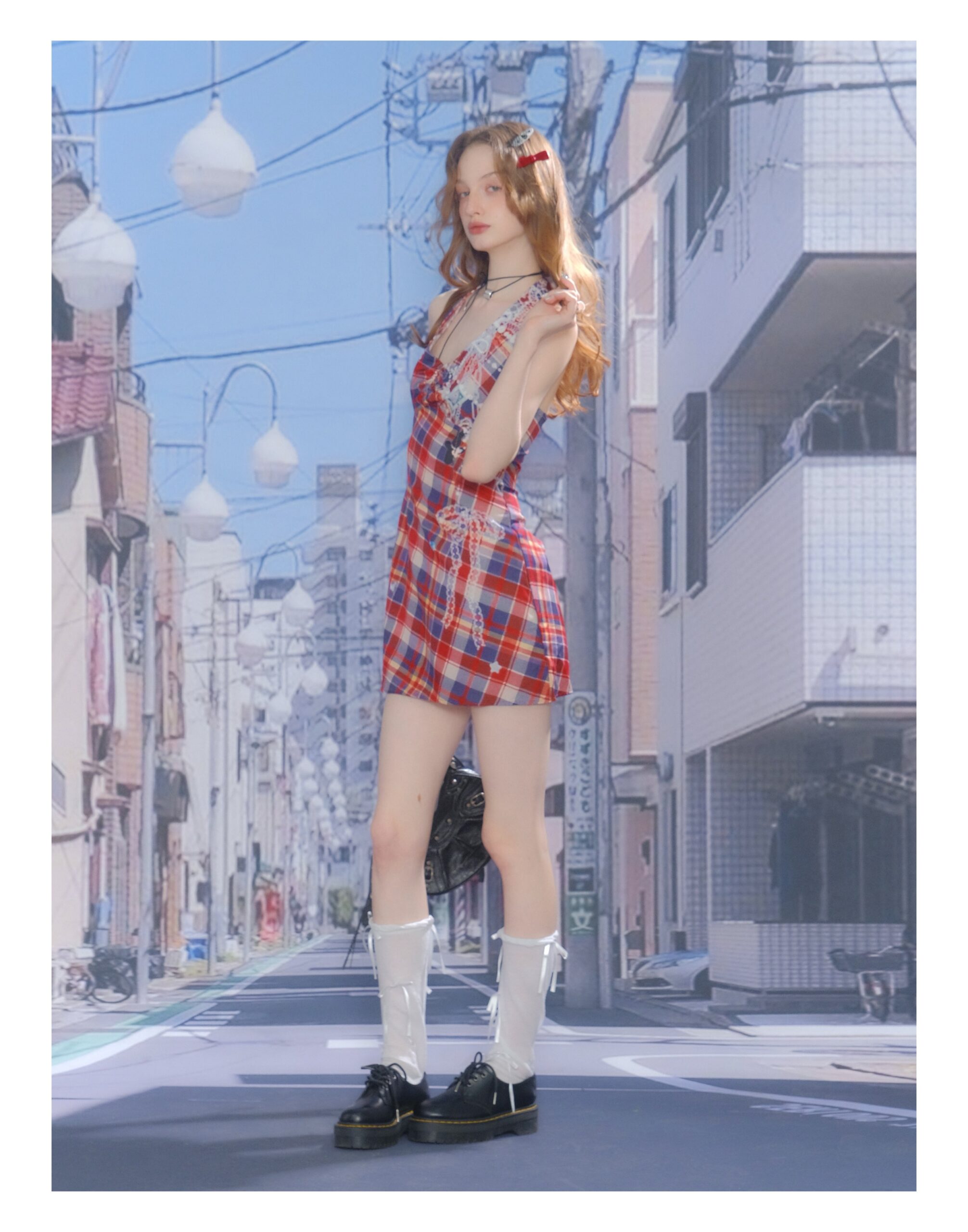 American Vintage Halter Neck Dress - Red & Blue Plaid Print Slim Fit Sundress with Defined Waist - Image 10