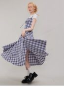 American Vintage Square Neck Dress - Blue Grid Print Bodycon Slit Maxi Dress with Tailored Waist