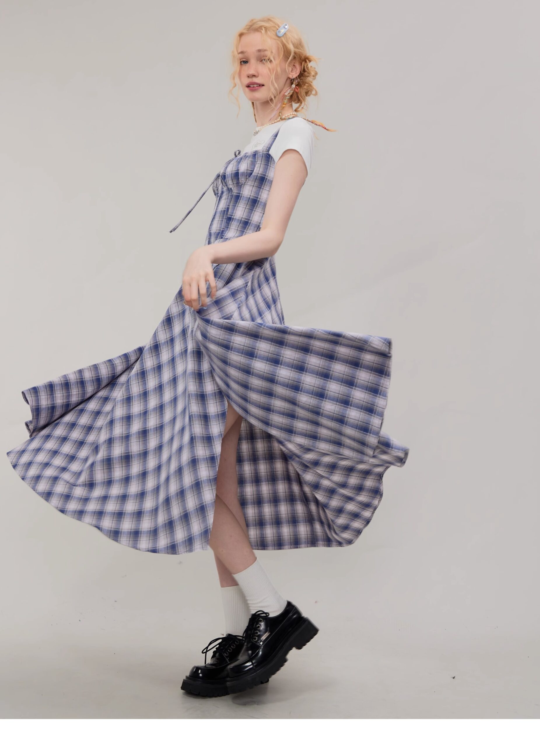 American Vintage Square Neck Dress - Blue Grid Print Bodycon Slit Maxi Dress with Tailored Waist - Image 15