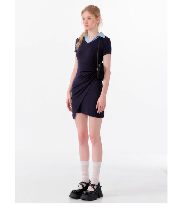 American Style False Two-Piece Dress - Polo Collar Short Sleeve Dress with Drawstring Waist & Smocking Details - Image 21