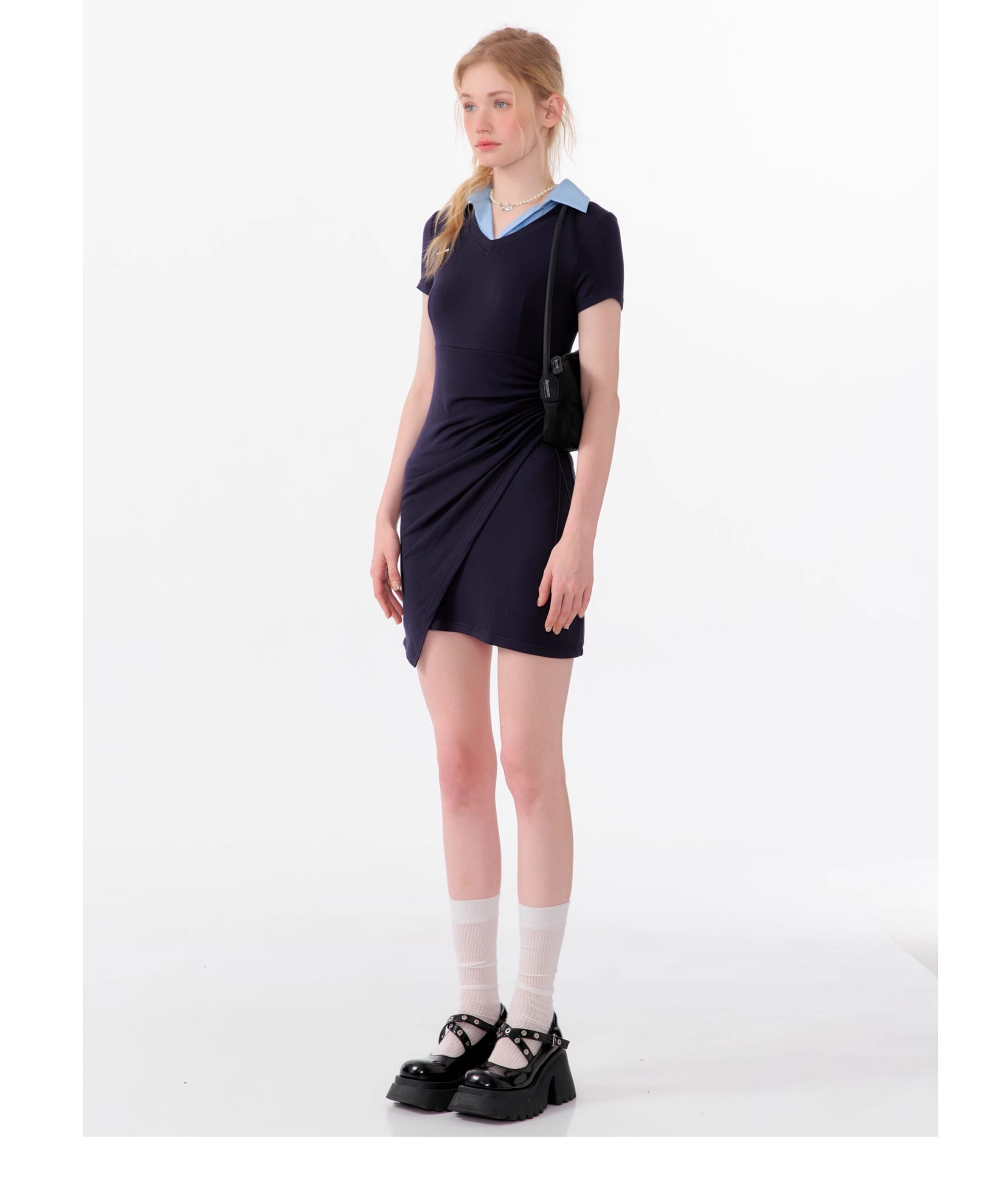 American Style False Two-Piece Dress - Polo Collar Short Sleeve Dress with Drawstring Waist & Smocking Details - Image 21