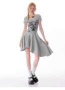 American Style Butterfly Print Dress - Defined Waist Short Sleeve Dress with Asymmetric Pleated Hem
