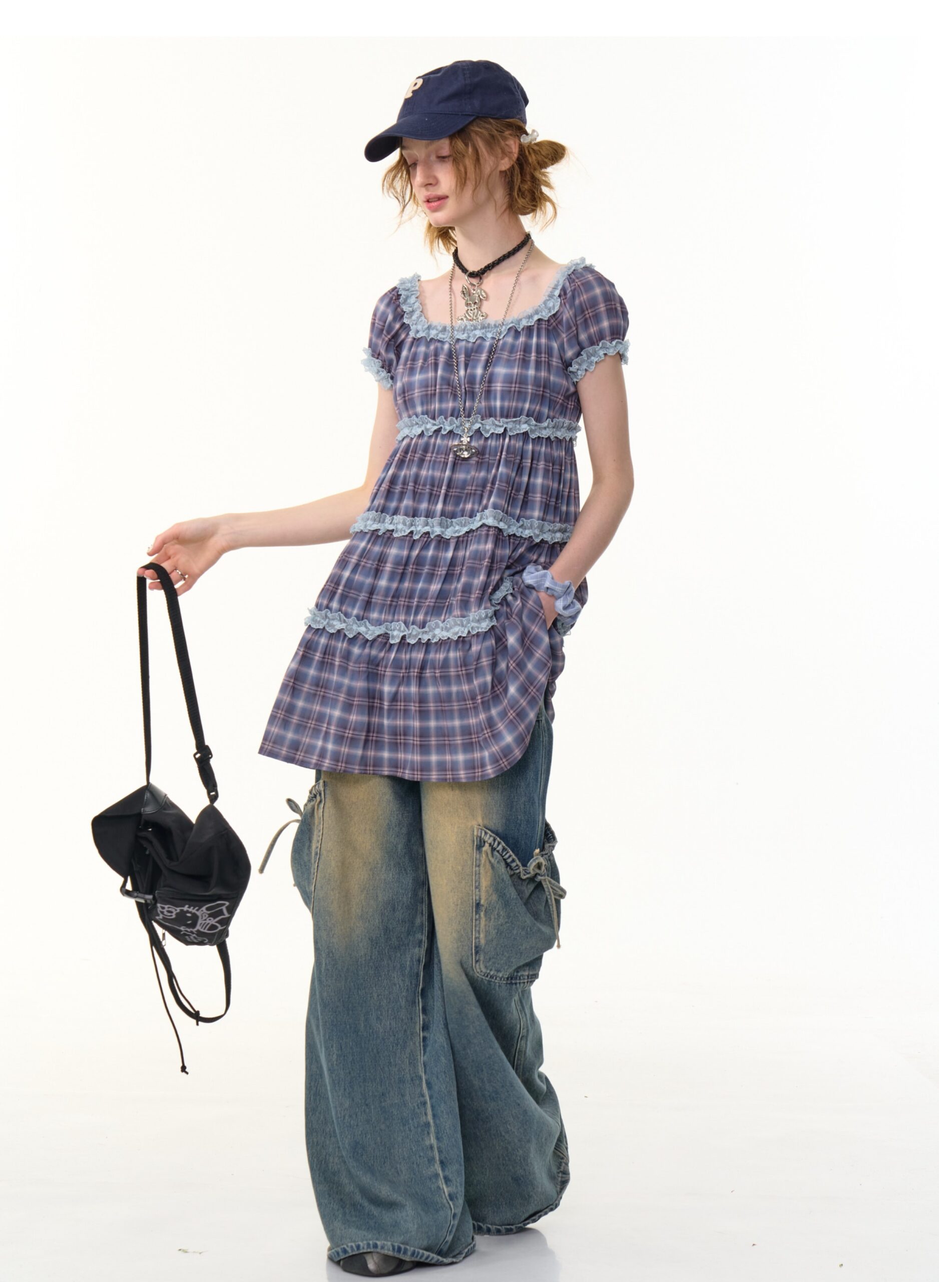 American Vintage Lavender Grid Dress - Square Neck Tiered Cake Dress with Puff Sleeves - Image 9