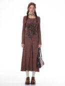 Winter Rose Print Knit Dress - Heavyweight Wool Blend Long Sleeve Bodycon Midi Dress