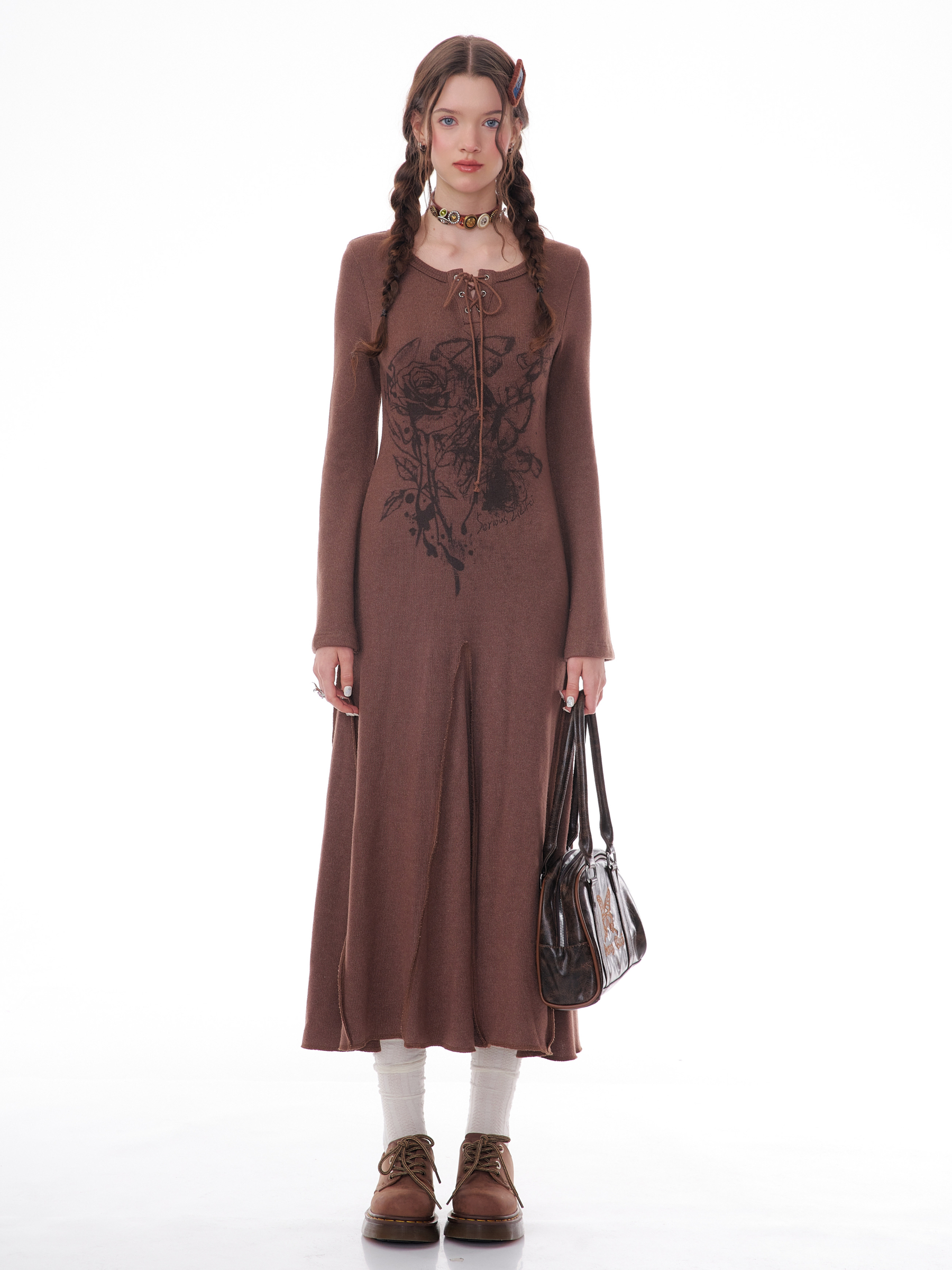 Winter Rose Print Knit Dress - Heavyweight Wool Blend Long Sleeve Bodycon Midi Dress - Image 9