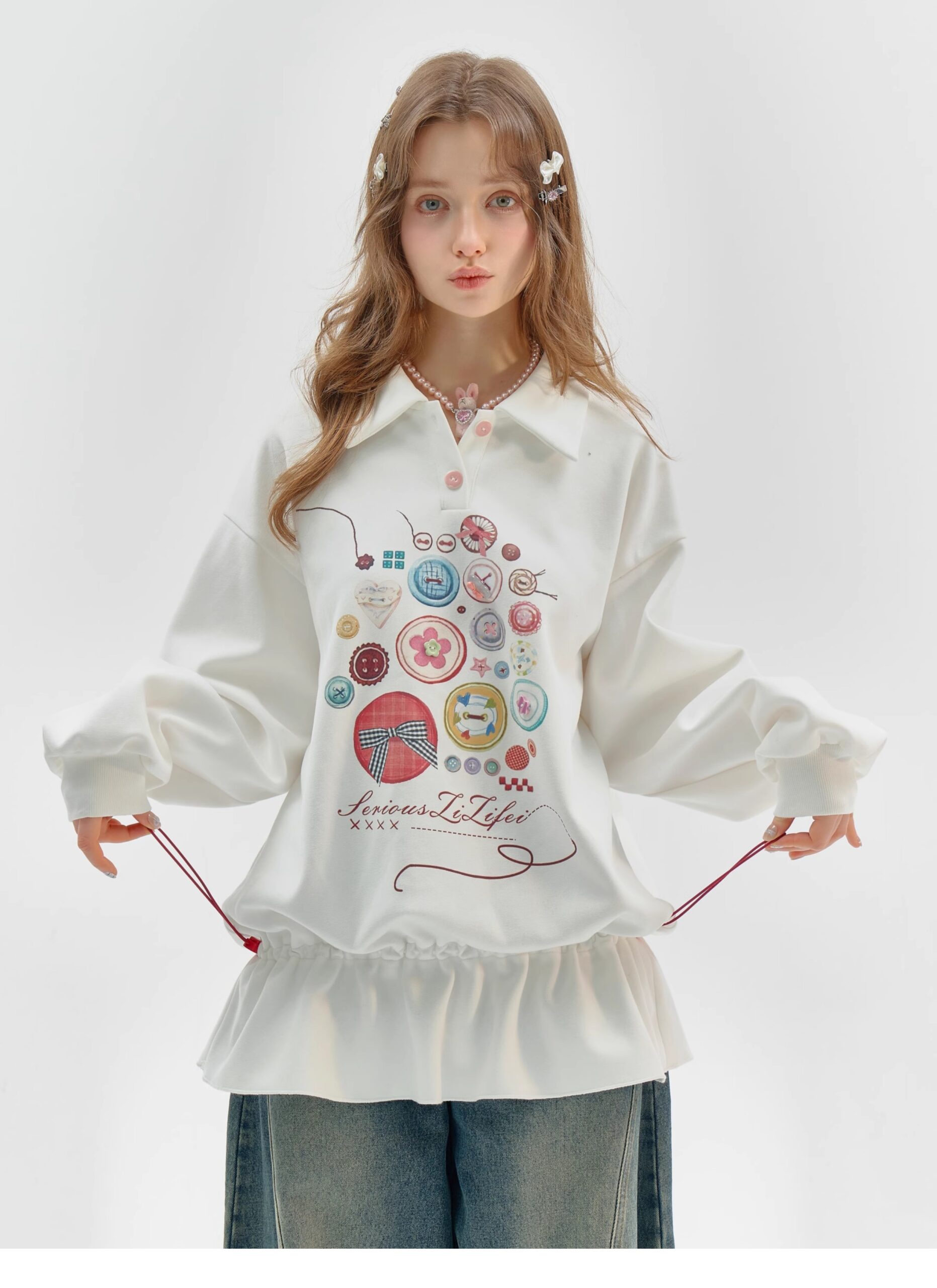 Vintage Button-Detail Polo Dress - Retro Print Pullover Sweatshirt Dress with Tailored Waist - Image 11