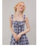 American Vintage Square Neck Dress - Blue Grid Print Bodycon Slit Maxi Dress with Tailored Waist