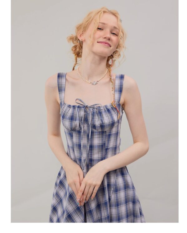 American Vintage Square Neck Dress - Blue Grid Print Bodycon Slit Maxi Dress with Tailored Waist - Image 16