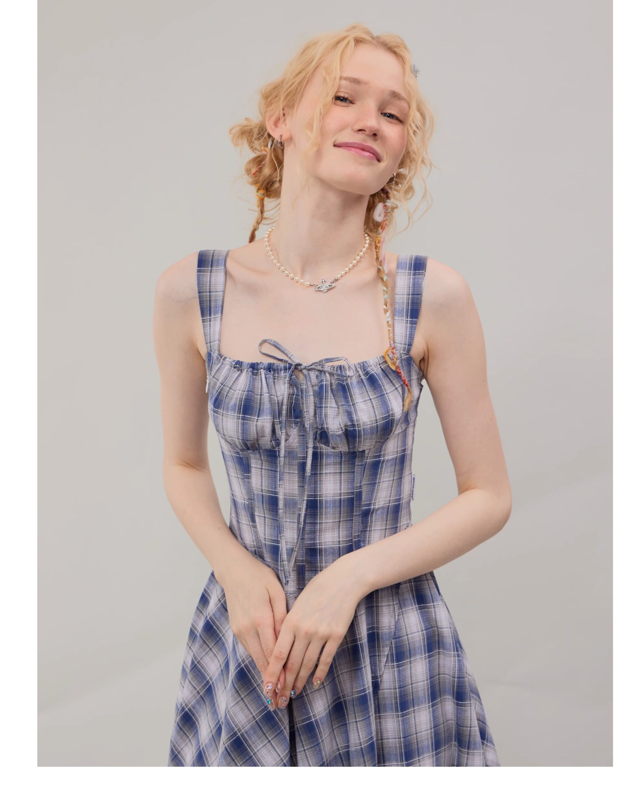American Vintage Square Neck Dress - Blue Grid Print Bodycon Slit Maxi Dress with Tailored Waist - Image 16
