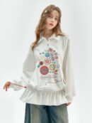 Vintage Button-Detail Polo Dress - Retro Print Pullover Sweatshirt Dress with Tailored Waist