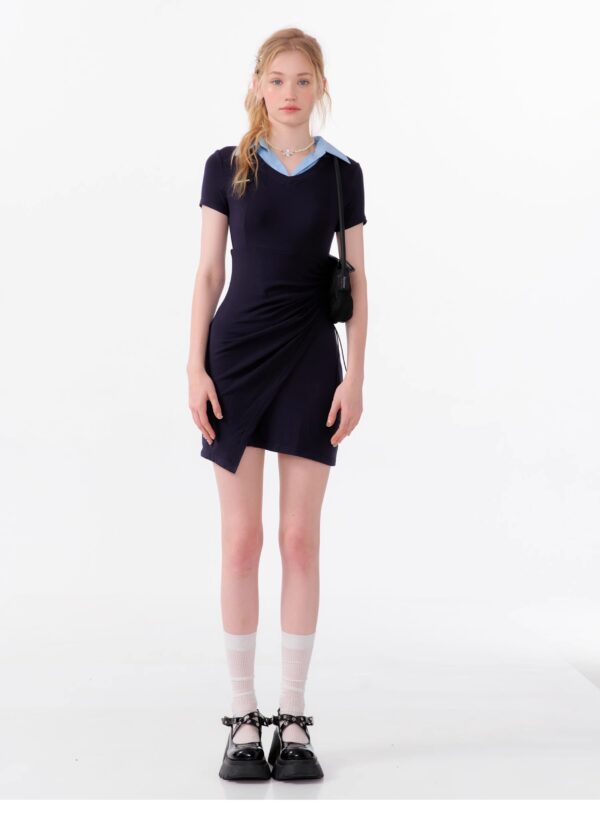 American Style False Two-Piece Dress - Polo Collar Short Sleeve Dress with Drawstring Waist & Smocking Details - Image 22