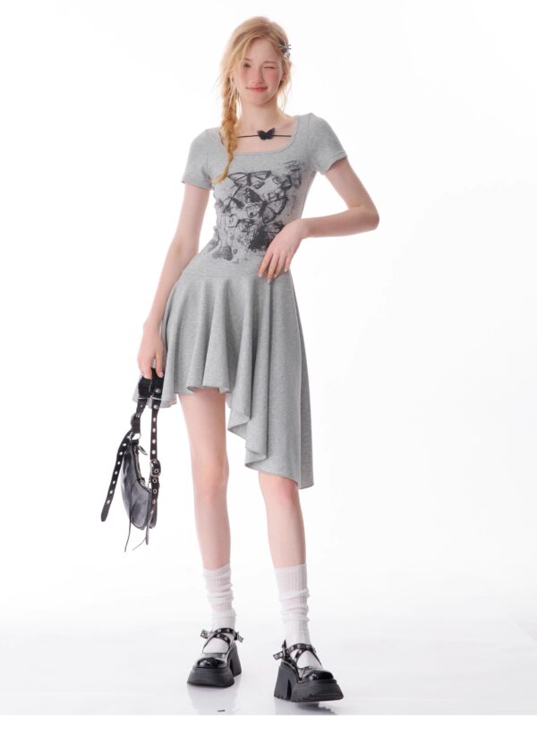 American Style Butterfly Print Dress - Defined Waist Short Sleeve Dress with Asymmetric Pleated Hem - Image 13