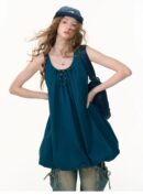 American Vintage Sapphire Blue Bloom Dress - Bow Detail Tube Top Dress with Apron-inspired Design