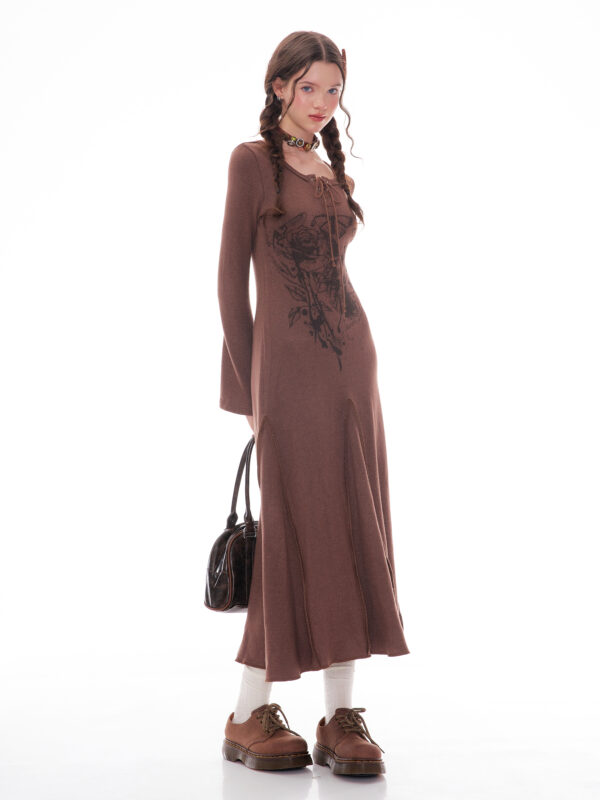 Winter Rose Print Knit Dress - Heavyweight Wool Blend Long Sleeve Bodycon Midi Dress - Image 10
