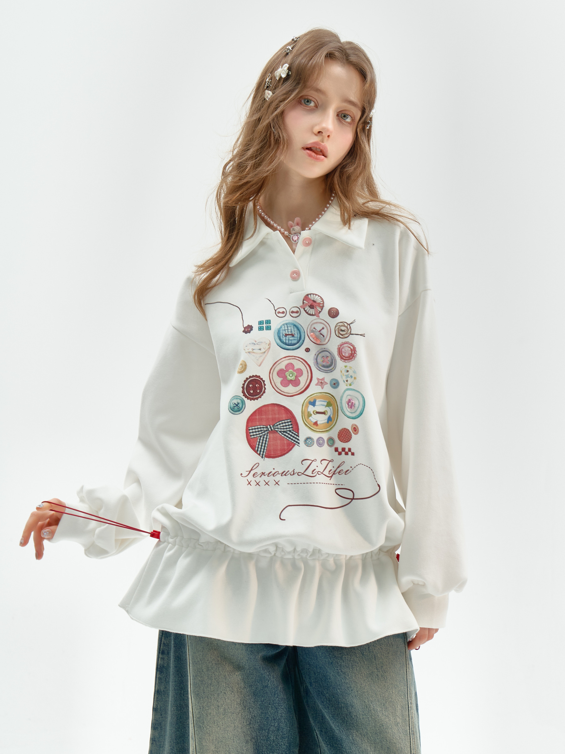 Vintage Button-Detail Polo Dress - Retro Print Pullover Sweatshirt Dress with Tailored Waist - Image 12
