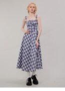 American Vintage Square Neck Dress - Blue Grid Print Bodycon Slit Maxi Dress with Tailored Waist