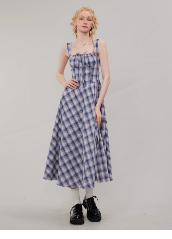 American Vintage Square Neck Dress - Blue Grid Print Bodycon Slit Maxi Dress with Tailored Waist - Image 17