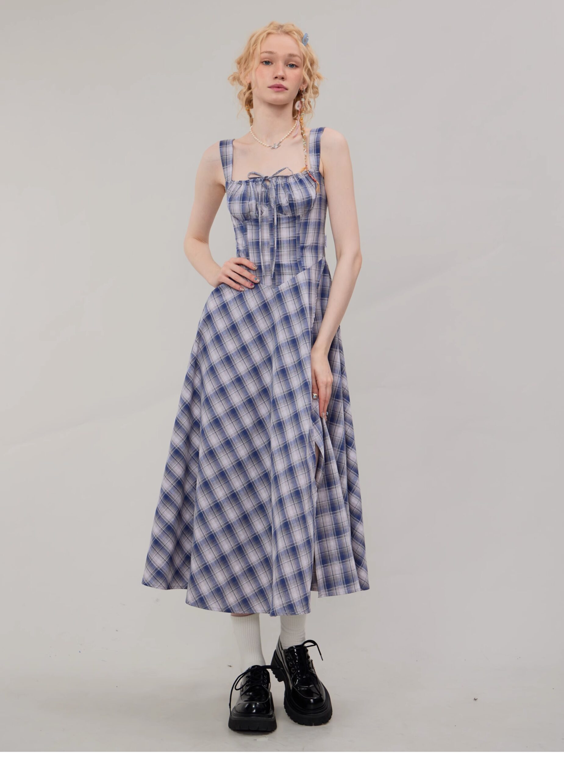 American Vintage Square Neck Dress - Blue Grid Print Bodycon Slit Maxi Dress with Tailored Waist - Image 17