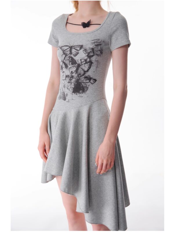 American Style Butterfly Print Dress - Defined Waist Short Sleeve Dress with Asymmetric Pleated Hem - Image 14