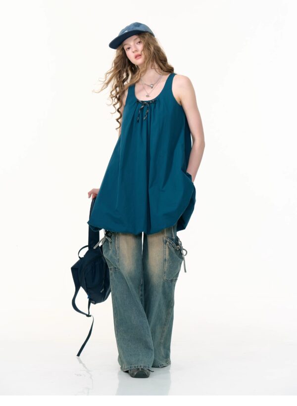 American Vintage Sapphire Blue Bloom Dress - Bow Detail Tube Top Dress with Apron-inspired Design - Image 13