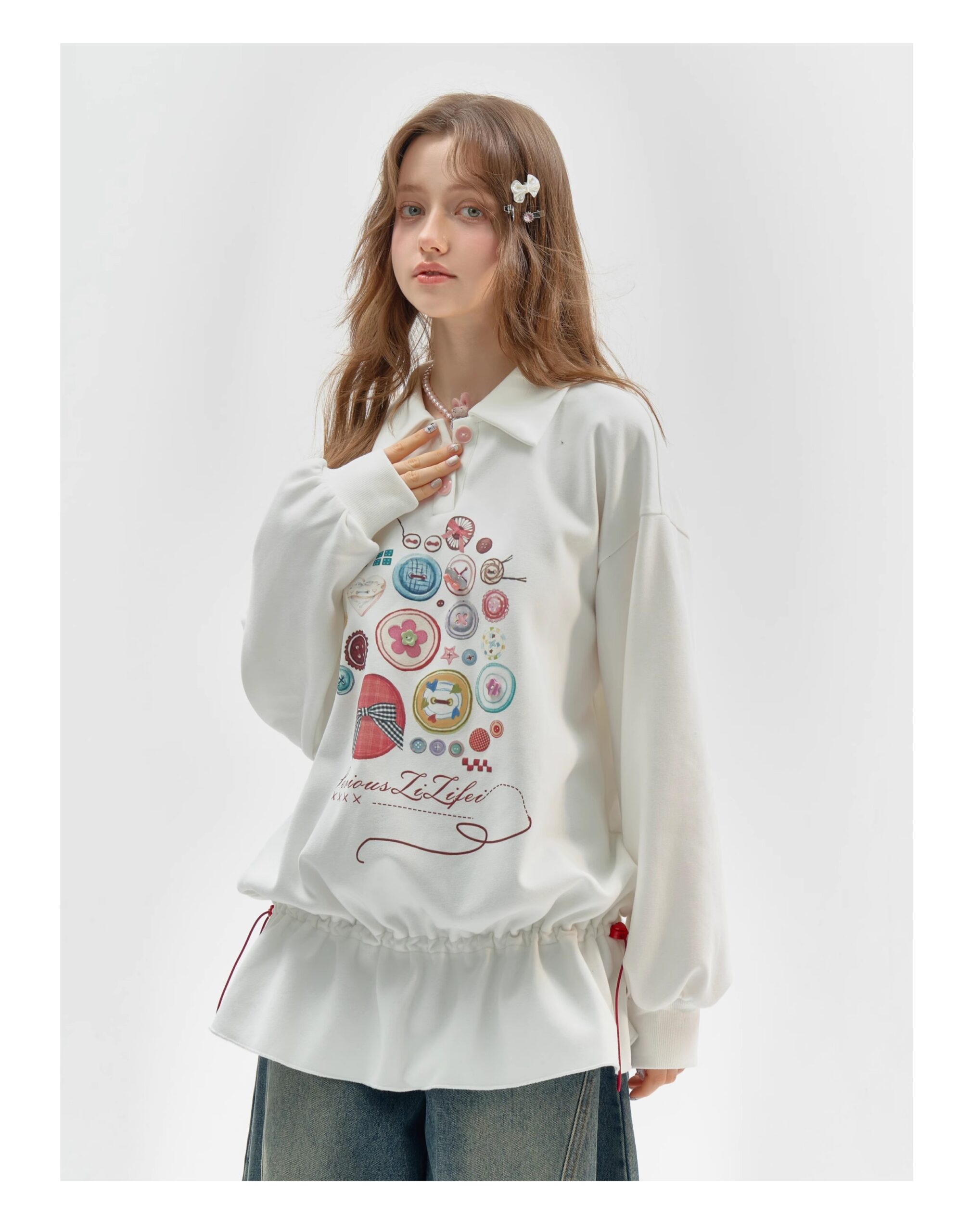 Vintage Button-Detail Polo Dress - Retro Print Pullover Sweatshirt Dress with Tailored Waist - Image 13