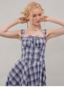 American Vintage Square Neck Dress - Blue Grid Print Bodycon Slit Maxi Dress with Tailored Waist