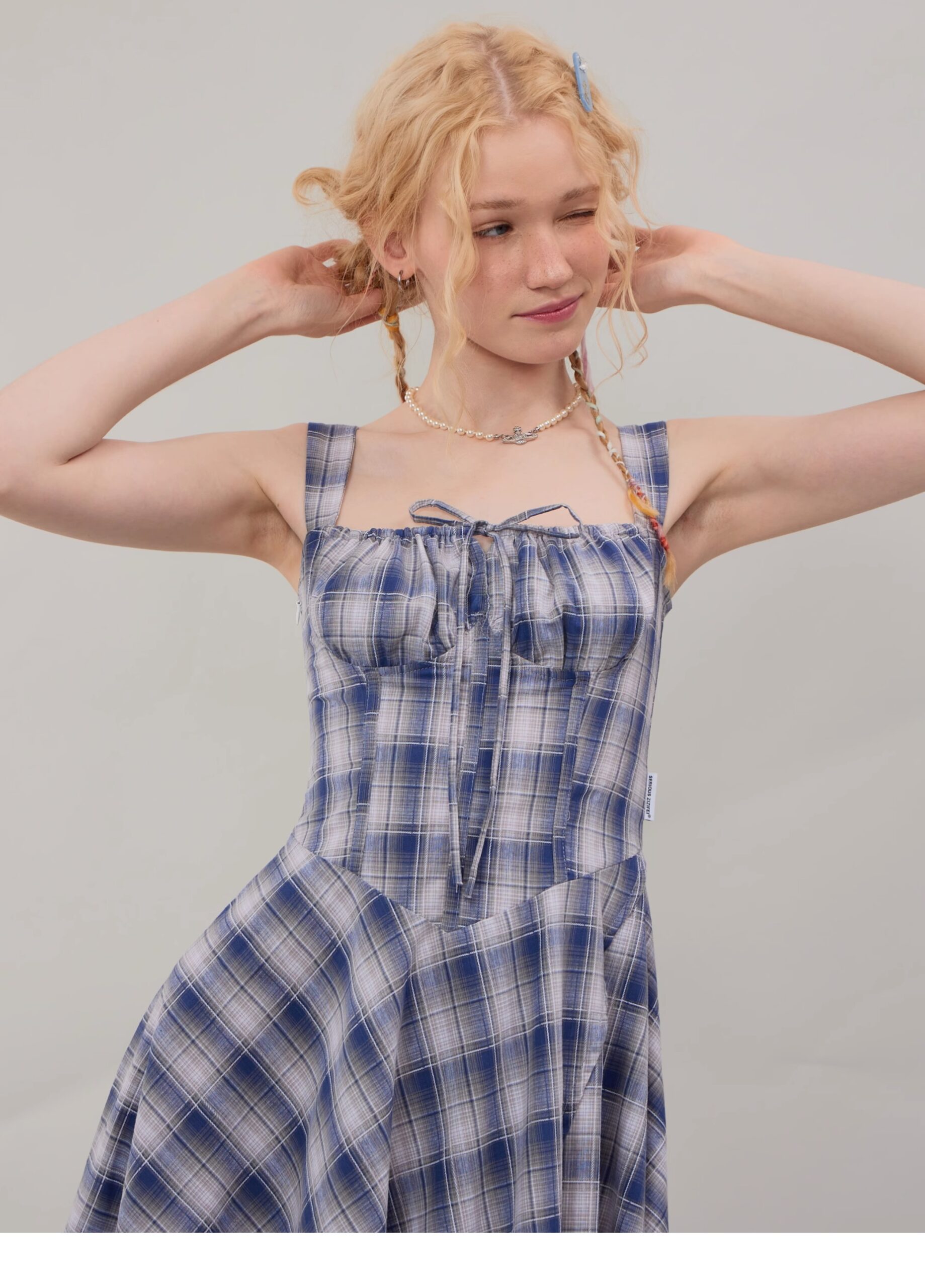 American Vintage Square Neck Dress - Blue Grid Print Bodycon Slit Maxi Dress with Tailored Waist - Image 18