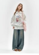 Vintage Button-Detail Polo Dress - Retro Print Pullover Sweatshirt Dress with Tailored Waist