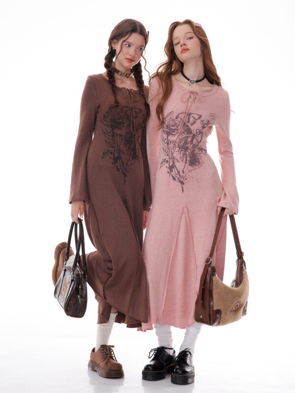 Winter Rose Print Knit Dress - Heavyweight Wool Blend Long Sleeve Bodycon Midi Dress - Image 12