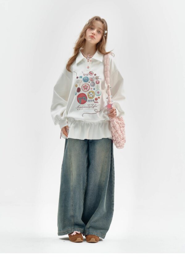 Vintage Button-Detail Polo Dress - Retro Print Pullover Sweatshirt Dress with Tailored Waist - Image 6