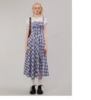 American Vintage Square Neck Dress - Blue Grid Print Bodycon Slit Maxi Dress with Tailored Waist
