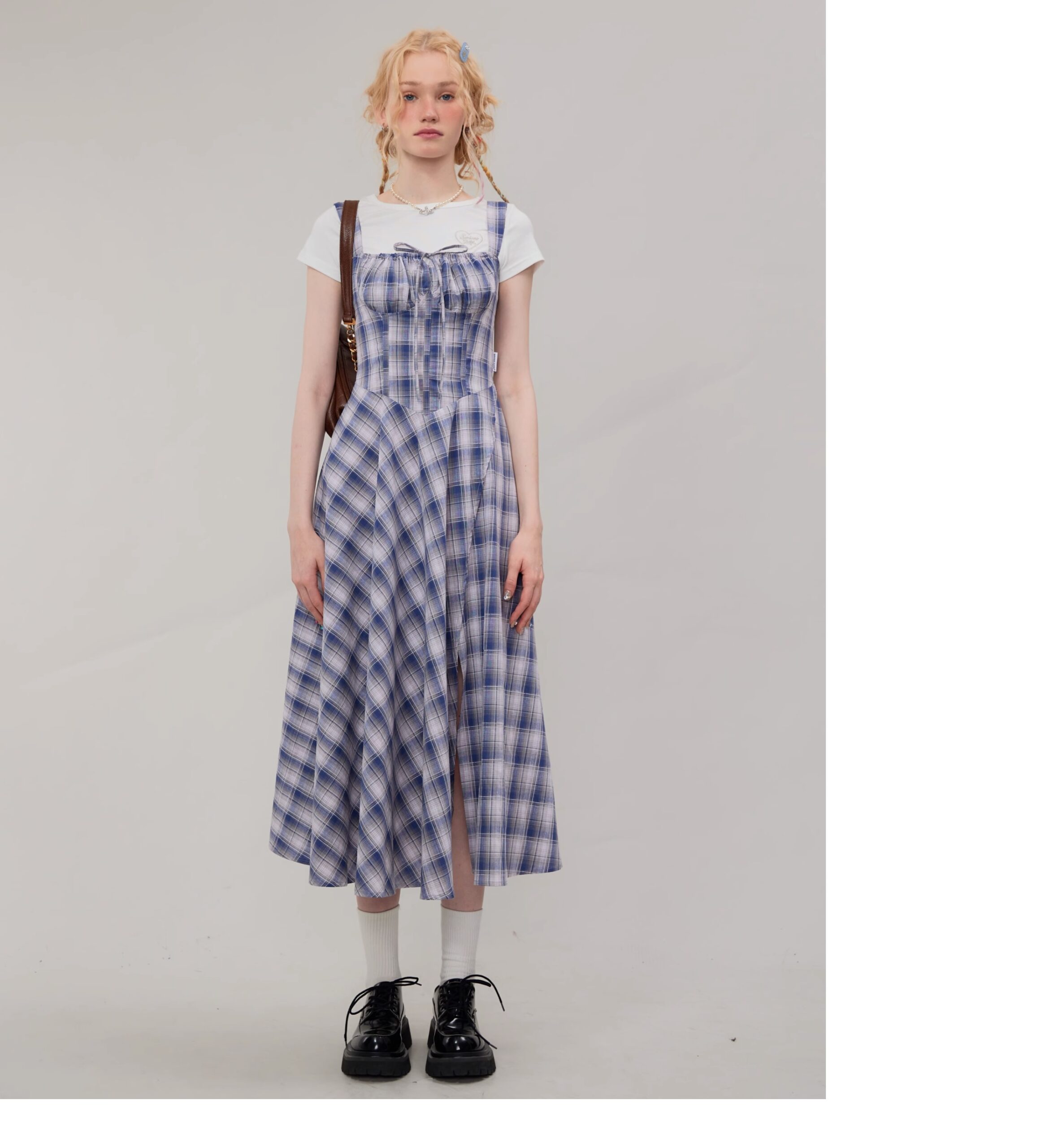 American Vintage Square Neck Dress - Blue Grid Print Bodycon Slit Maxi Dress with Tailored Waist - Image 3