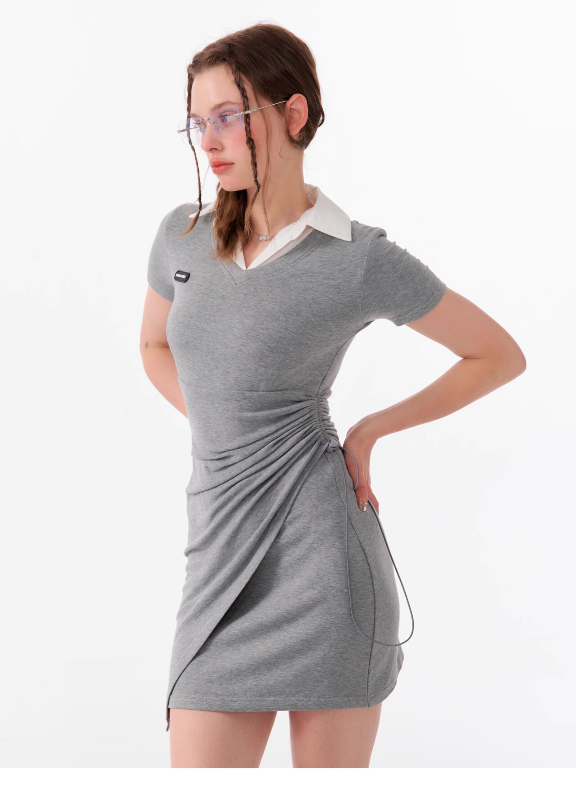 American Style False Two-Piece Dress - Polo Collar Short Sleeve Dress with Drawstring Waist & Smocking Details - Image 25