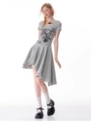 American Style Butterfly Print Dress - Defined Waist Short Sleeve Dress with Asymmetric Pleated Hem