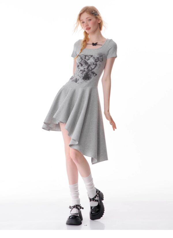 American Style Butterfly Print Dress - Defined Waist Short Sleeve Dress with Asymmetric Pleated Hem - Image 16