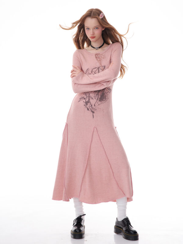 Winter Rose Print Knit Dress - Heavyweight Wool Blend Long Sleeve Bodycon Midi Dress - Image 13