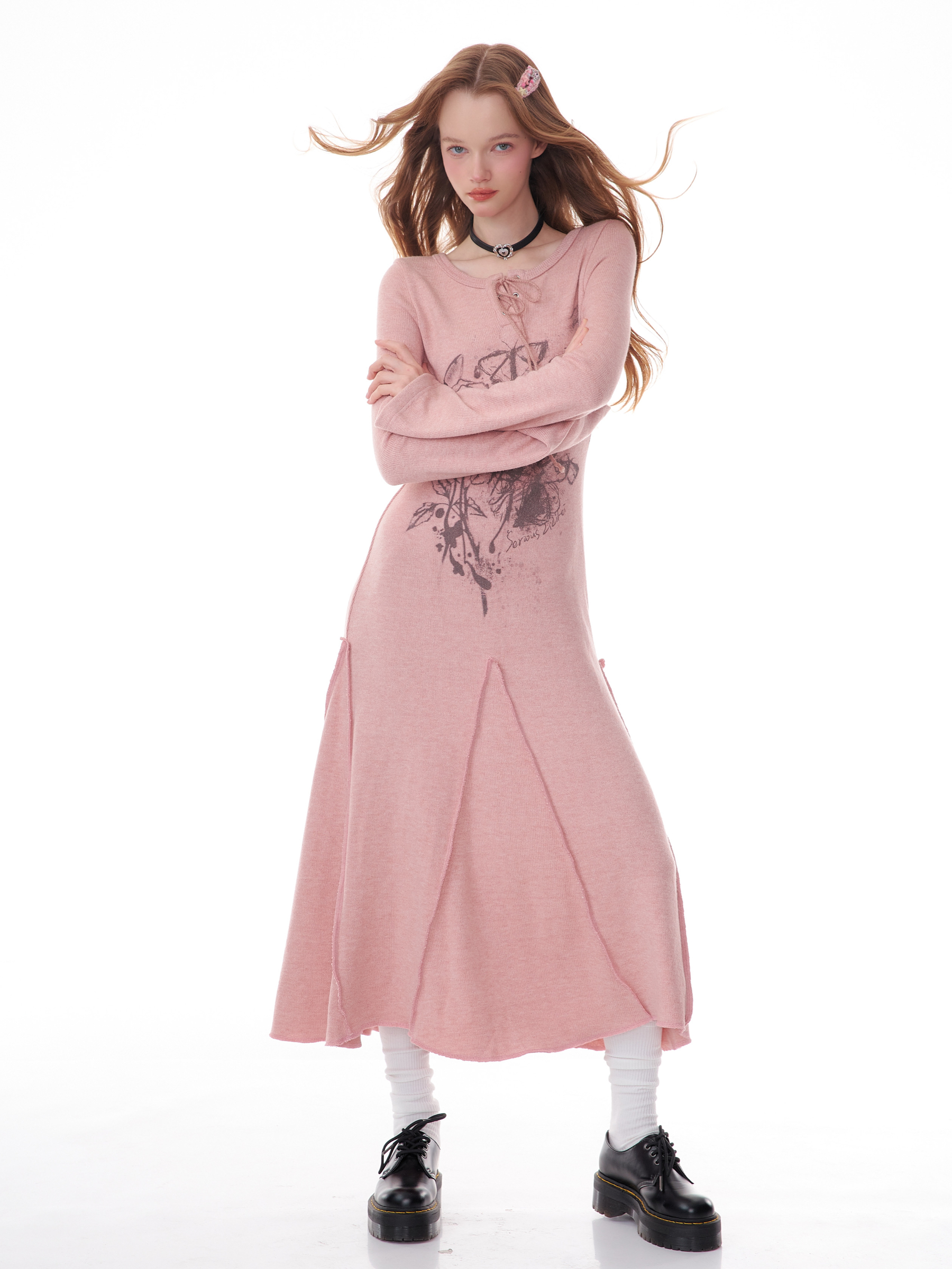 Winter Rose Print Knit Dress - Heavyweight Wool Blend Long Sleeve Bodycon Midi Dress - Image 13