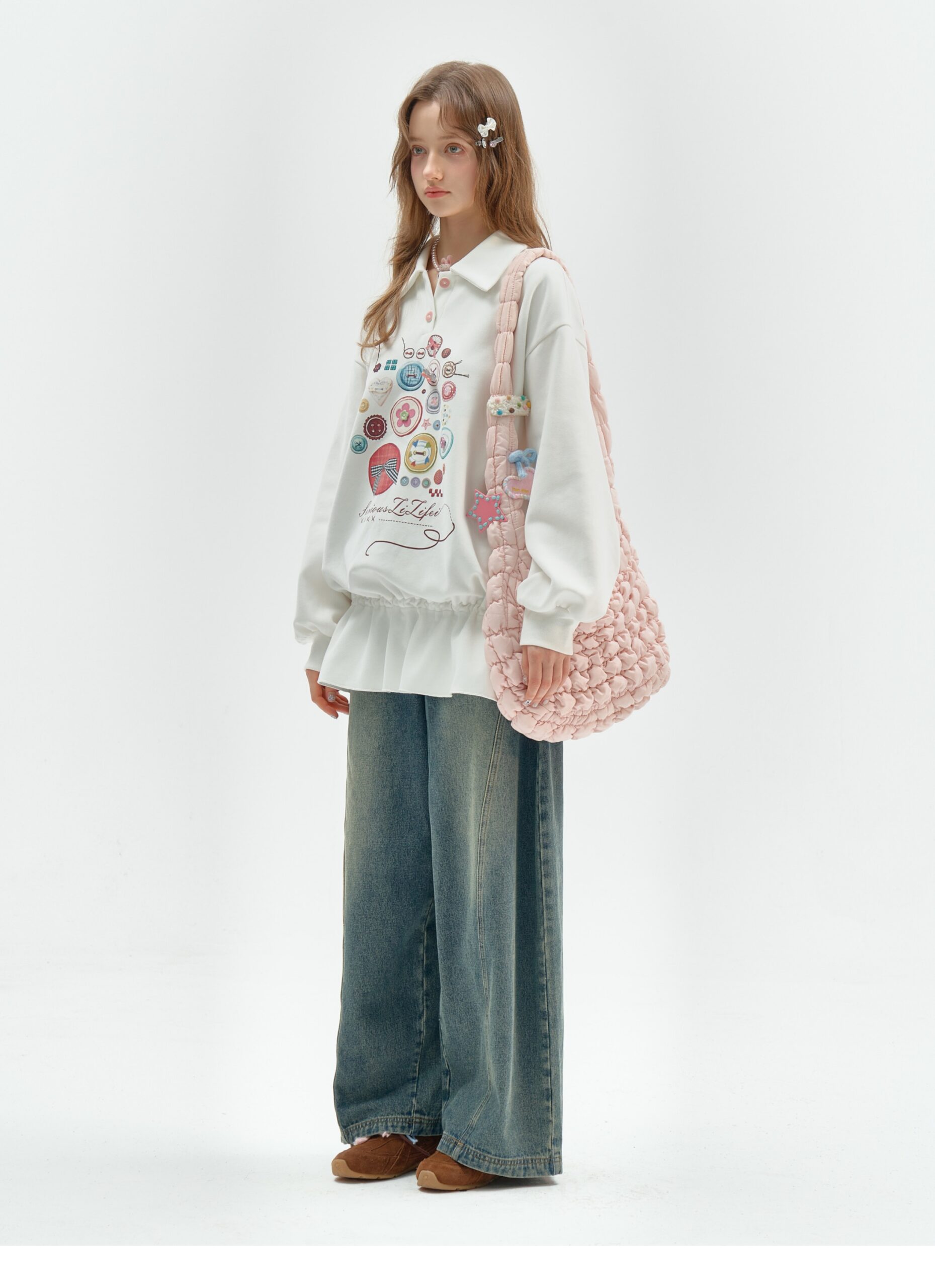 Vintage Button-Detail Polo Dress - Retro Print Pullover Sweatshirt Dress with Tailored Waist - Image 7