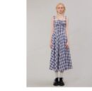 American Vintage Square Neck Dress - Blue Grid Print Bodycon Slit Maxi Dress with Tailored Waist