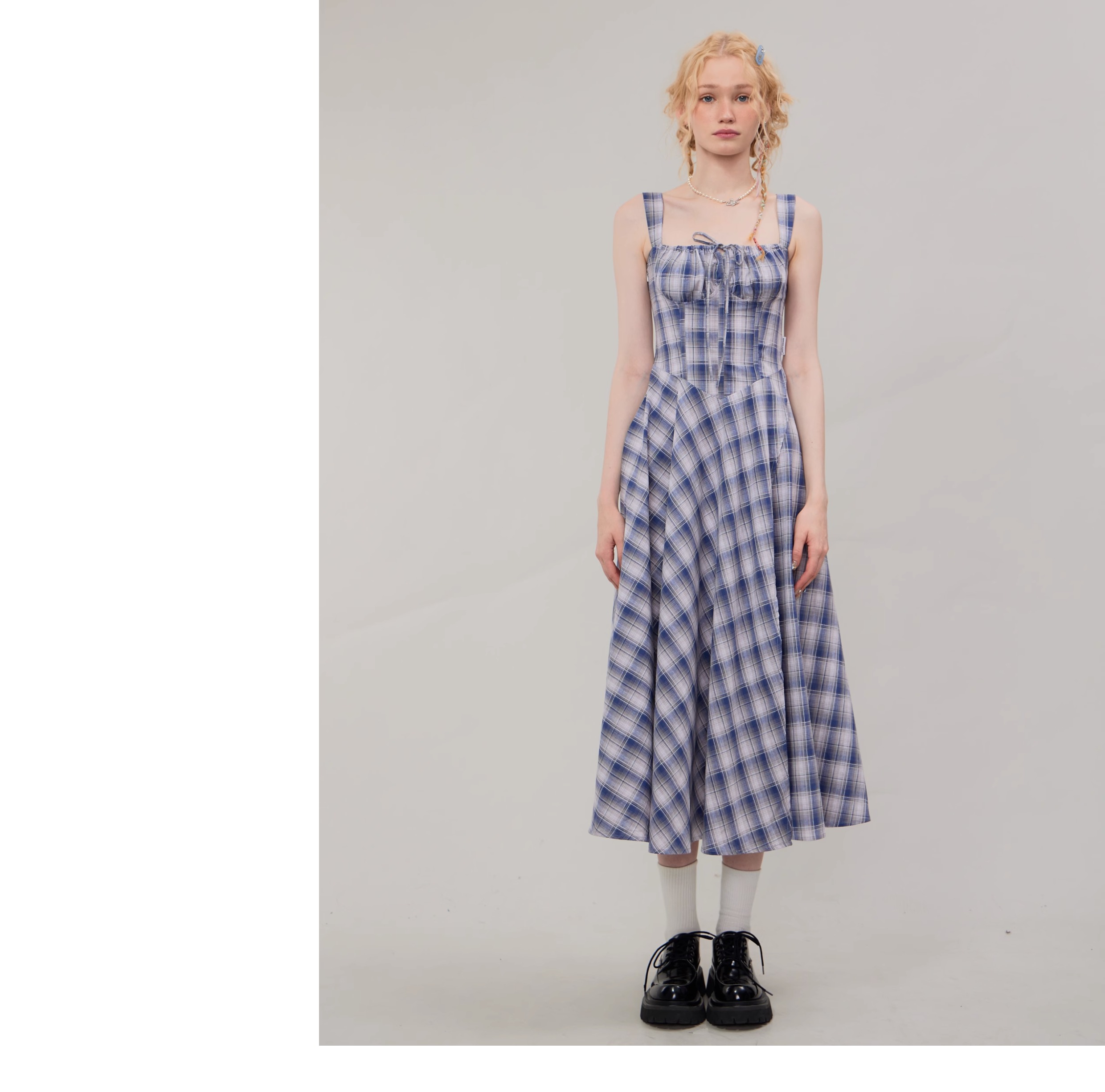 American Vintage Square Neck Dress - Blue Grid Print Bodycon Slit Maxi Dress with Tailored Waist - Image 20