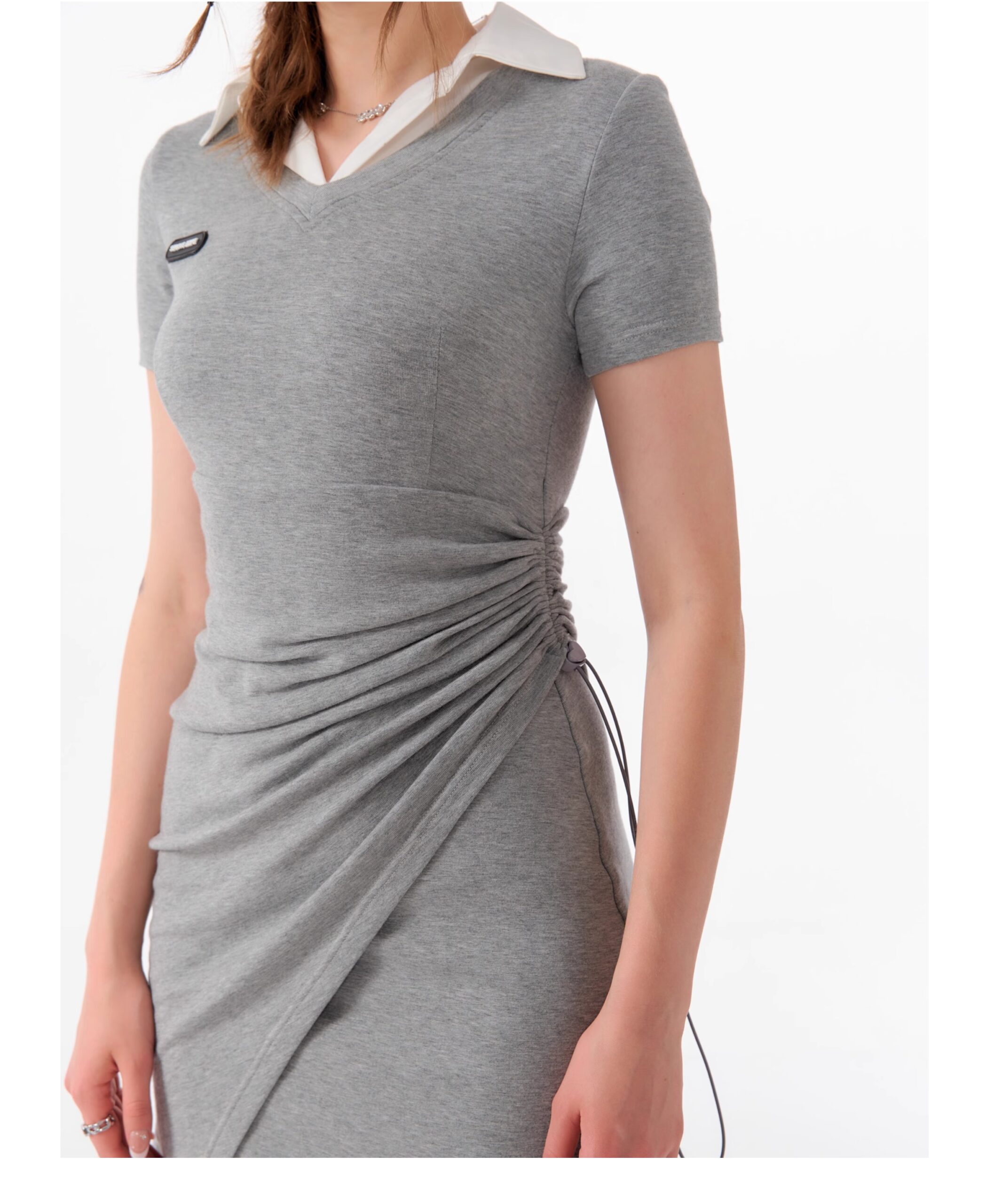 American Style False Two-Piece Dress - Polo Collar Short Sleeve Dress with Drawstring Waist & Smocking Details - Image 26