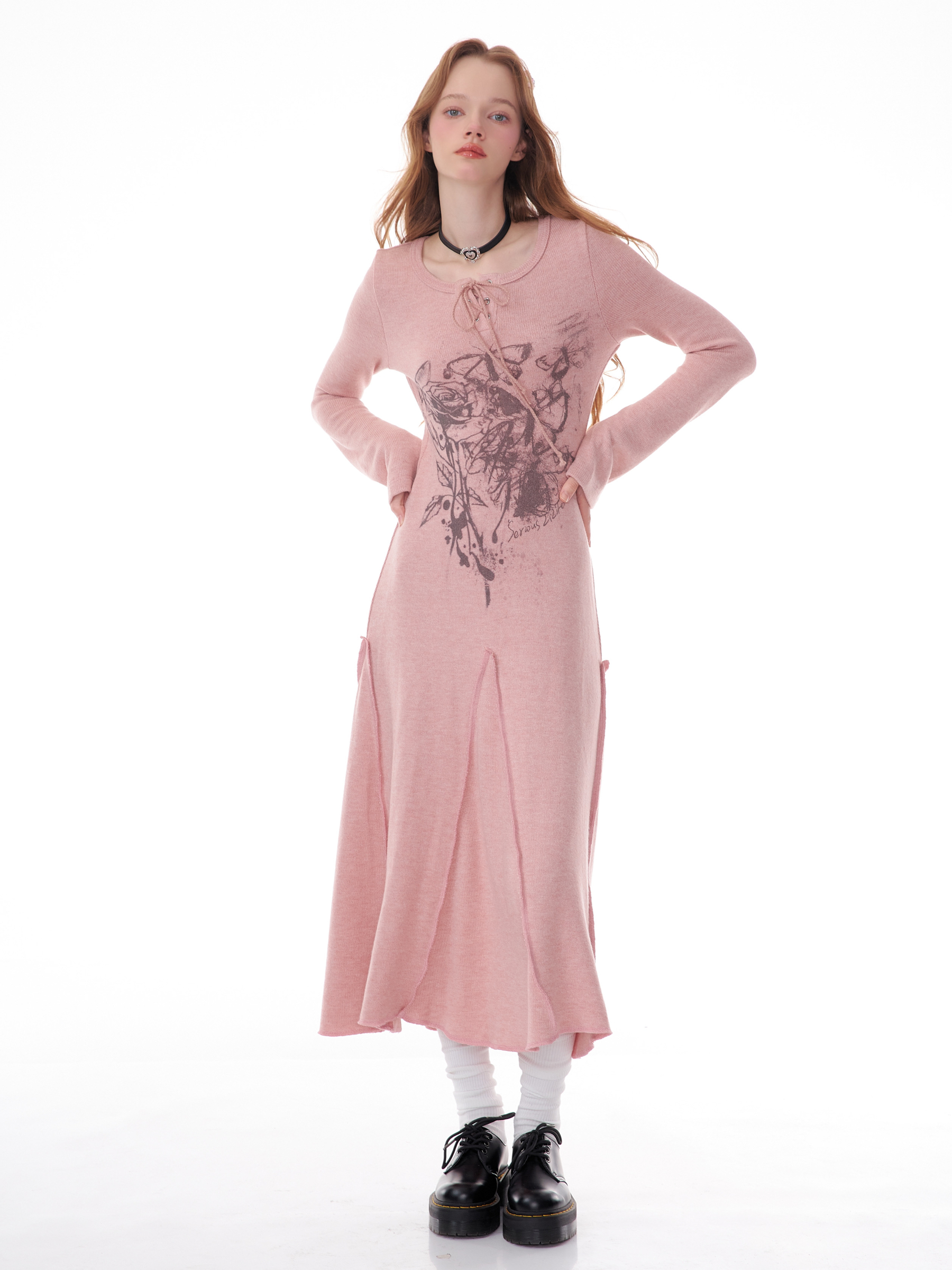 Winter Rose Print Knit Dress - Heavyweight Wool Blend Long Sleeve Bodycon Midi Dress - Image 22