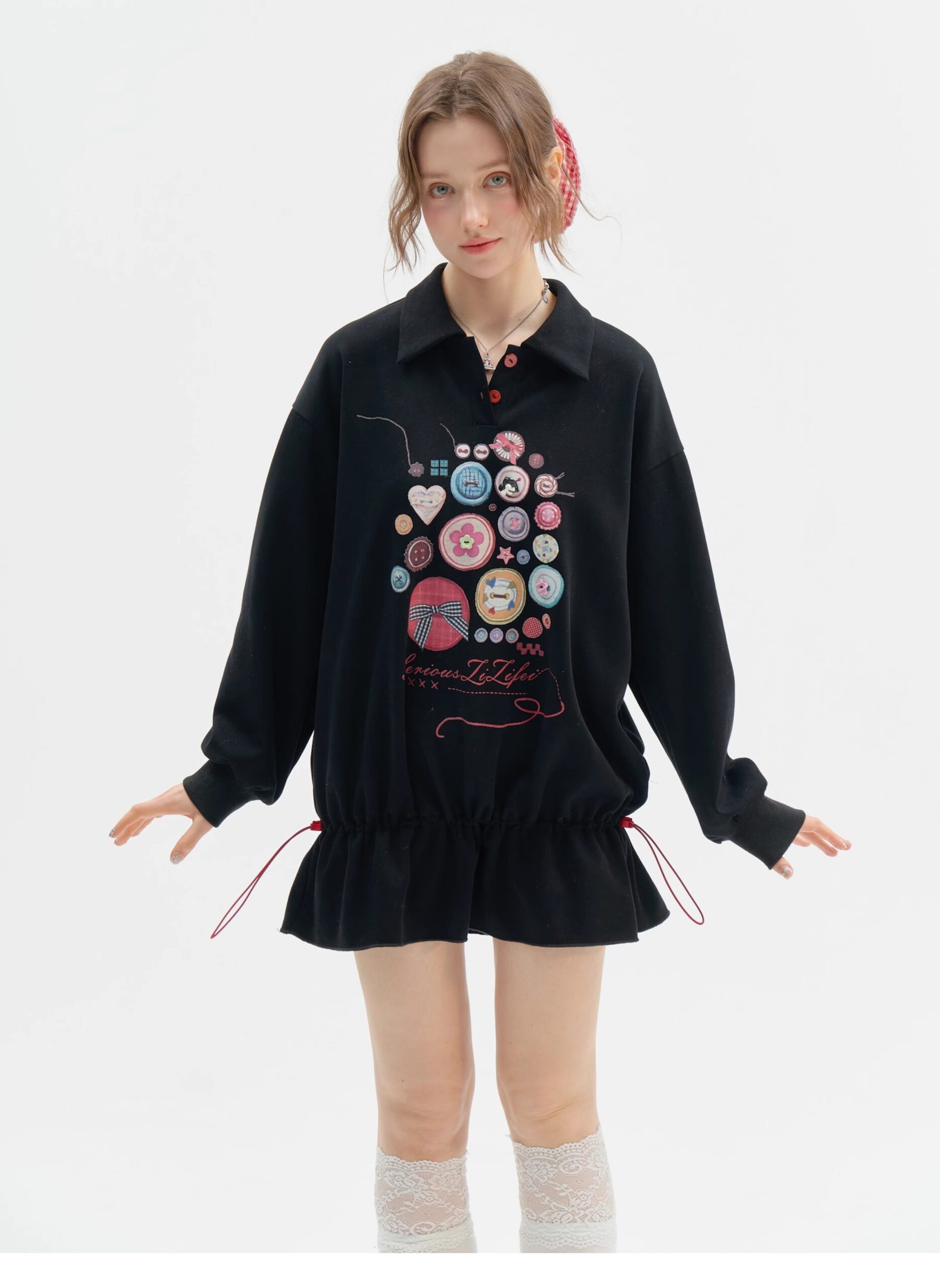Vintage Button-Detail Polo Dress - Retro Print Pullover Sweatshirt Dress with Tailored Waist - Image 17