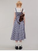 American Vintage Square Neck Dress - Blue Grid Print Bodycon Slit Maxi Dress with Tailored Waist