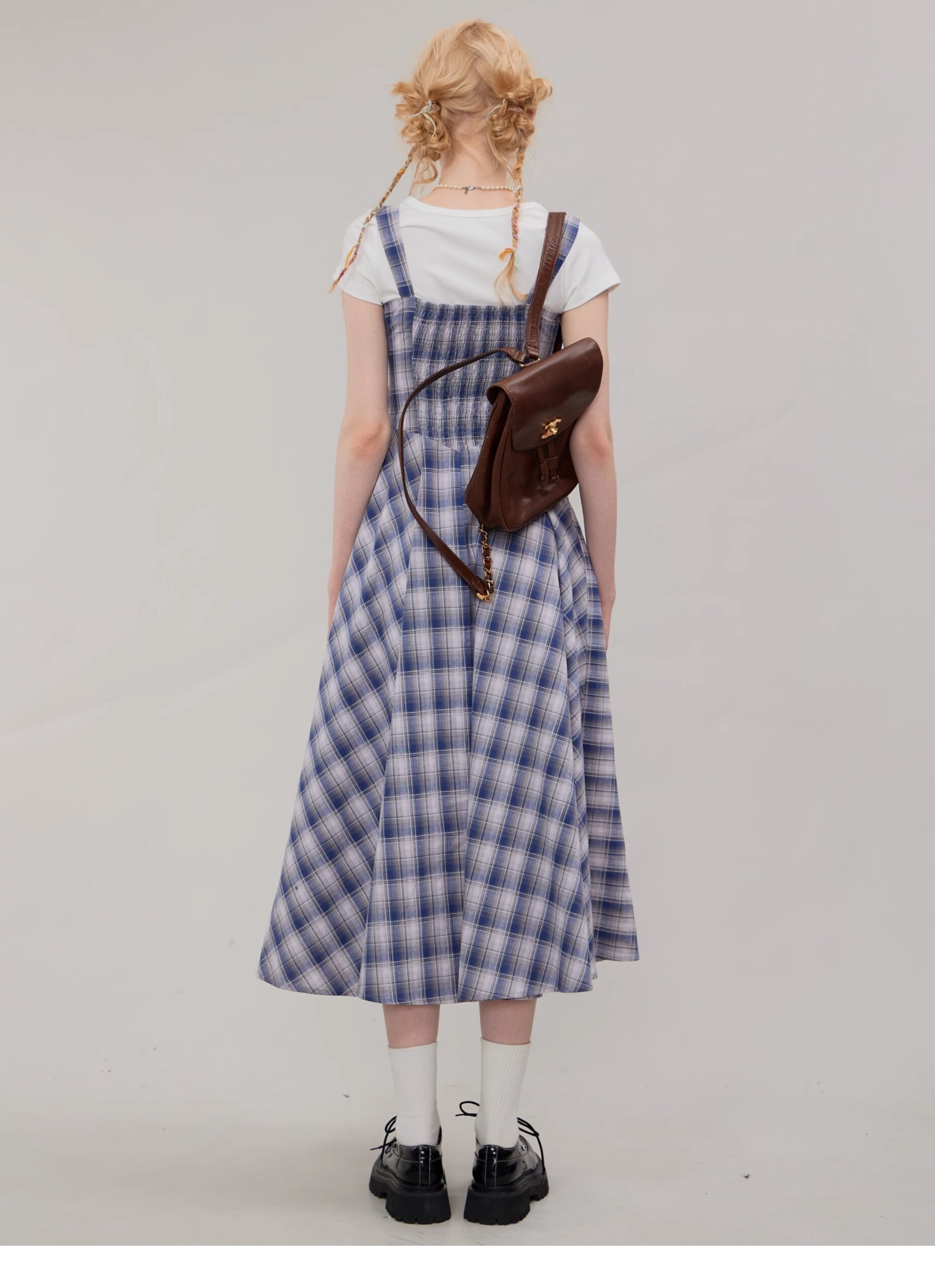 American Vintage Square Neck Dress - Blue Grid Print Bodycon Slit Maxi Dress with Tailored Waist - Image 21
